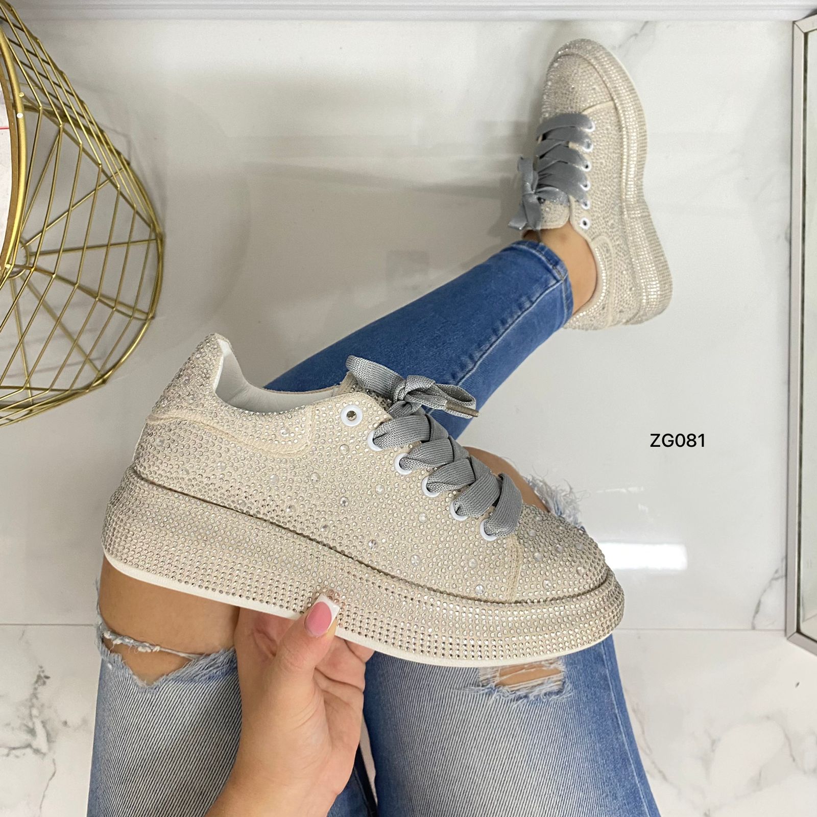 Tenis gris apliques brillantes suela 4cm TN07# C-1